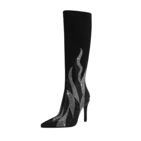 Colorful Rhinestone Embellished Pointed Toe Stiletto Knee-High Boots