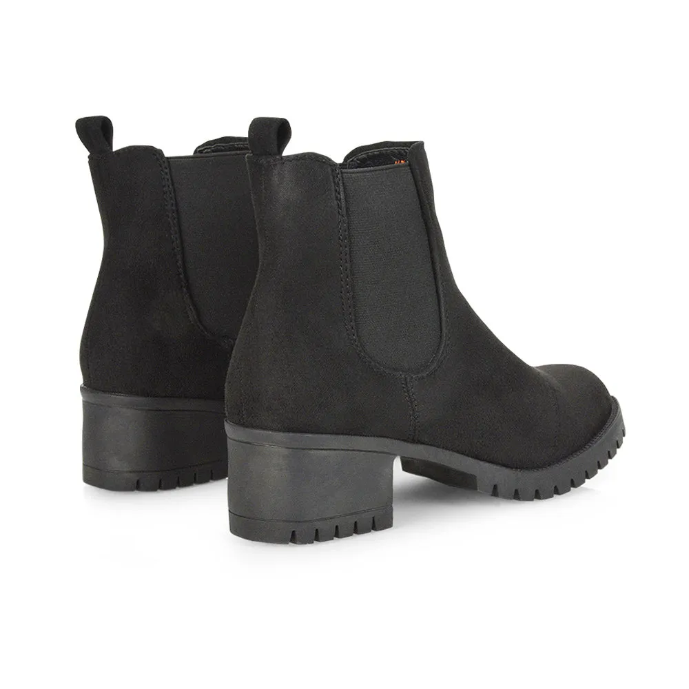 Elsie Chunky Sole Slip on Mid-Blocked Heeled Ankle Chelsea Boots in Black Faux Suede