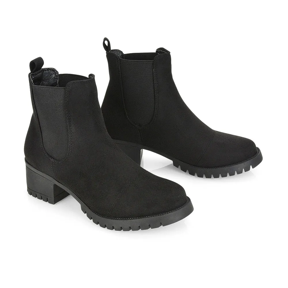 Elsie Chunky Sole Slip on Mid-Blocked Heeled Ankle Chelsea Boots in Black Faux Suede