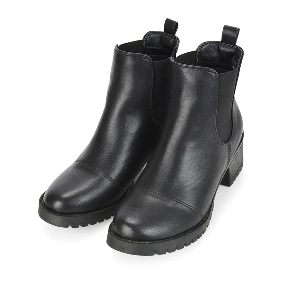 Elsie Chunky Sole Slip on Mid-Blocked Heeled Ankle Chelsea Boots in Black Faux Suede