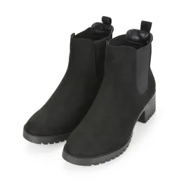 Elsie Chunky Sole Slip on Mid-Blocked Heeled Ankle Chelsea Boots in Black Faux Suede