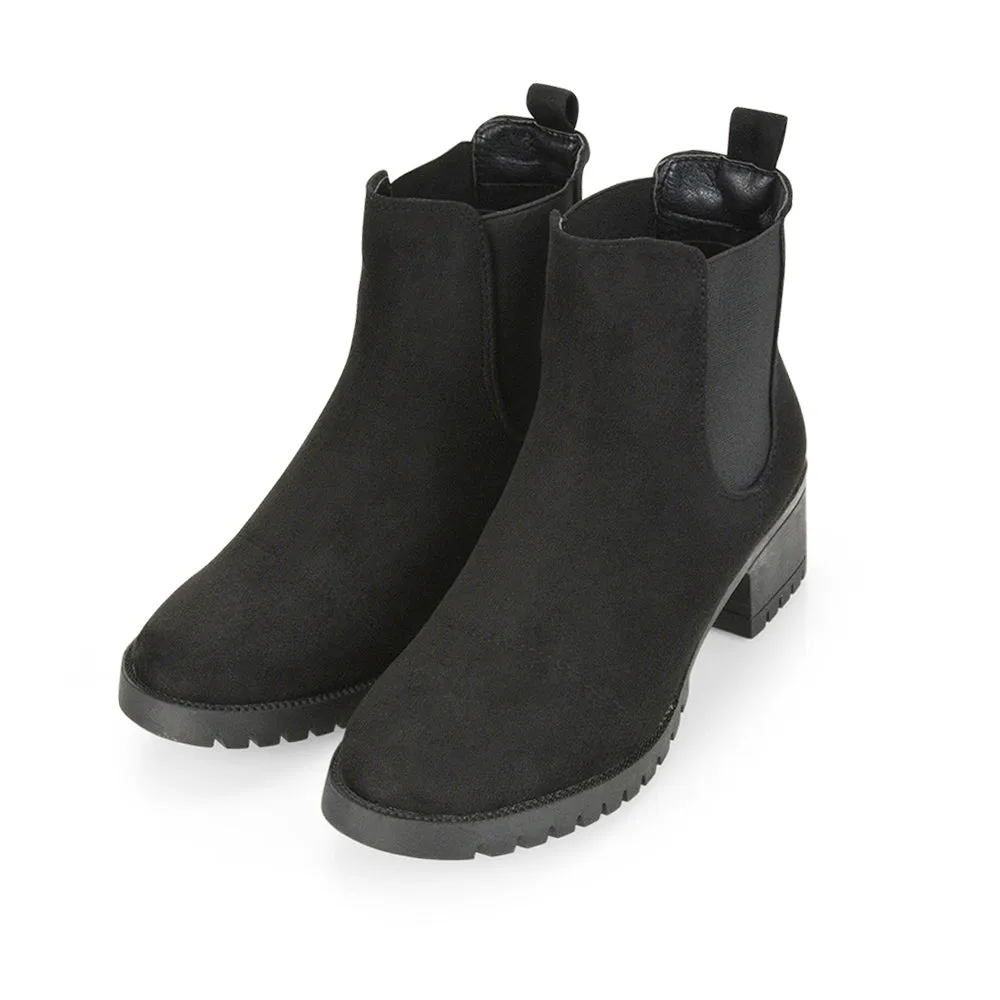 Elsie Chunky Sole Slip on Mid-Blocked Heeled Ankle Chelsea Boots in Black Faux Suede