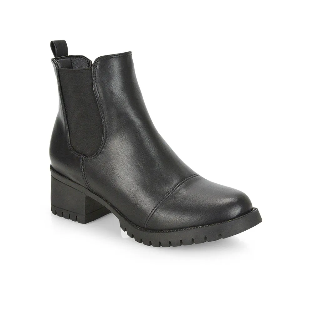 Elsie Chunky Sole Slip on Mid-Blocked Heeled Ankle Chelsea Boots in Black Faux Suede