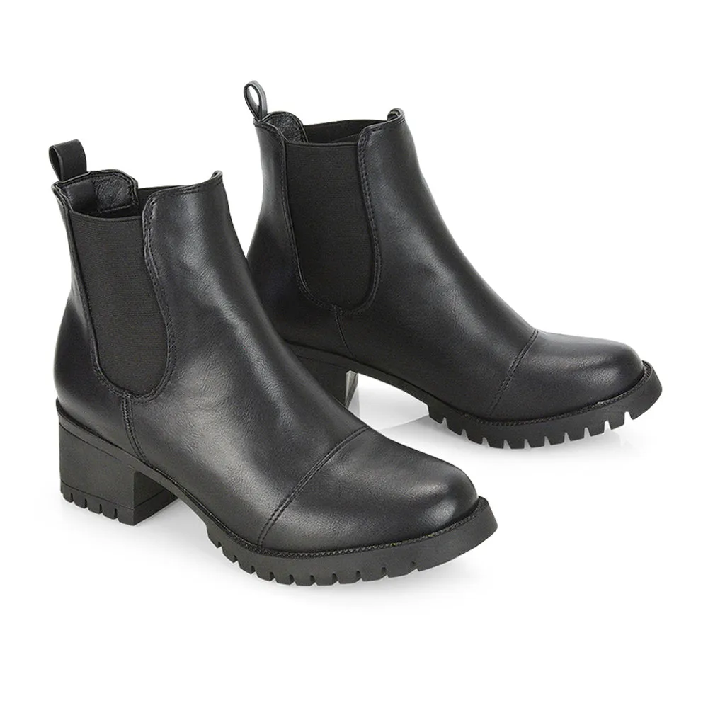 Elsie Chunky Sole Slip on Mid-Blocked Heeled Ankle Chelsea Boots in Black Faux Suede