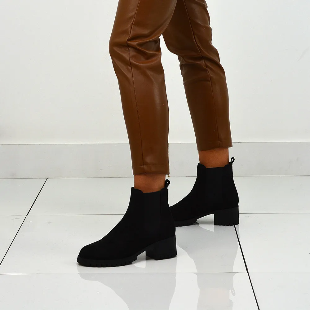 Elsie Chunky Sole Slip on Mid-Blocked Heeled Ankle Chelsea Boots in Black Faux Suede