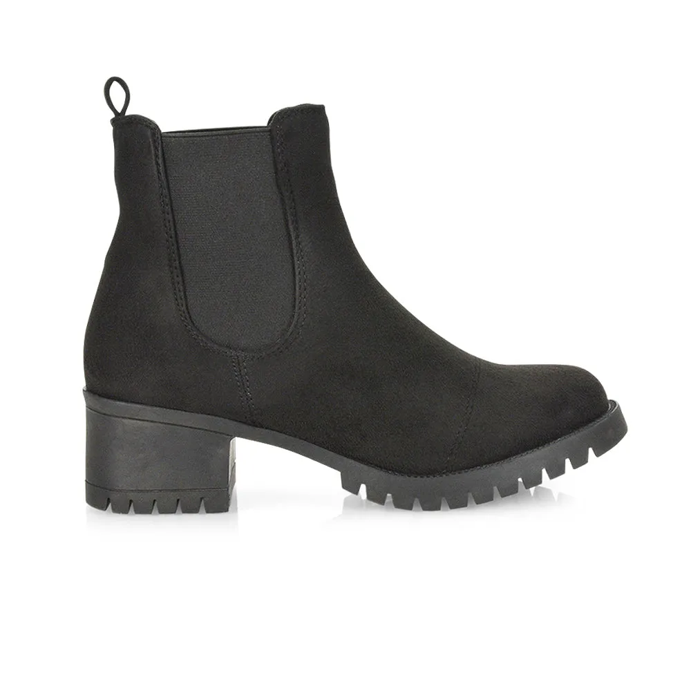 Elsie Chunky Sole Slip on Mid-Blocked Heeled Ankle Chelsea Boots in Black Faux Suede