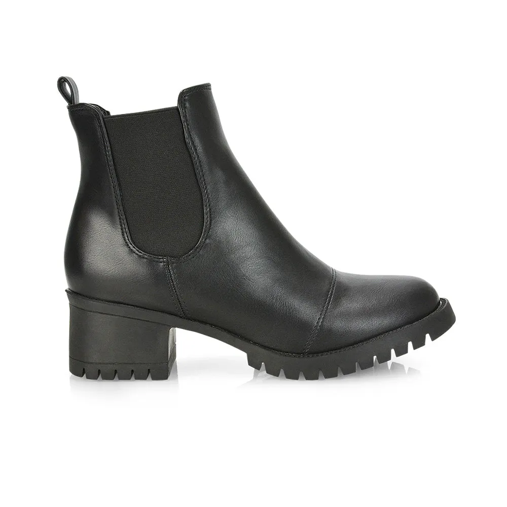 Elsie Chunky Sole Slip on Mid-Blocked Heeled Ankle Chelsea Boots in Black Faux Suede