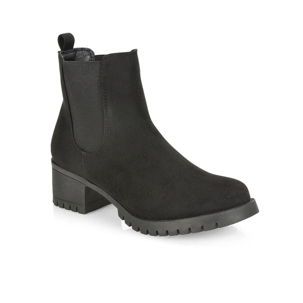 Elsie Chunky Sole Slip on Mid-Blocked Heeled Ankle Chelsea Boots in Black Faux Suede