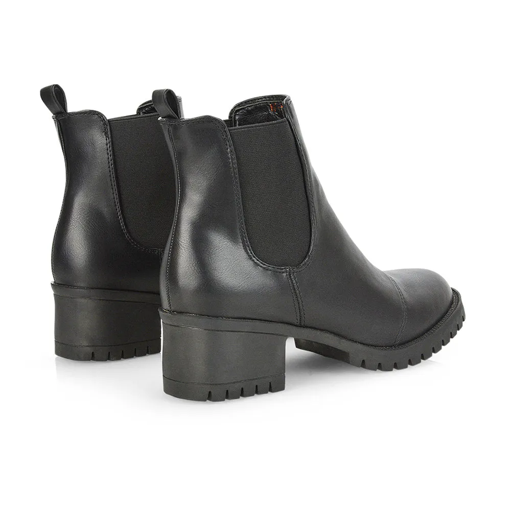Elsie Chunky Sole Slip on Mid-Blocked Heeled Ankle Chelsea Boots in Black Faux Suede