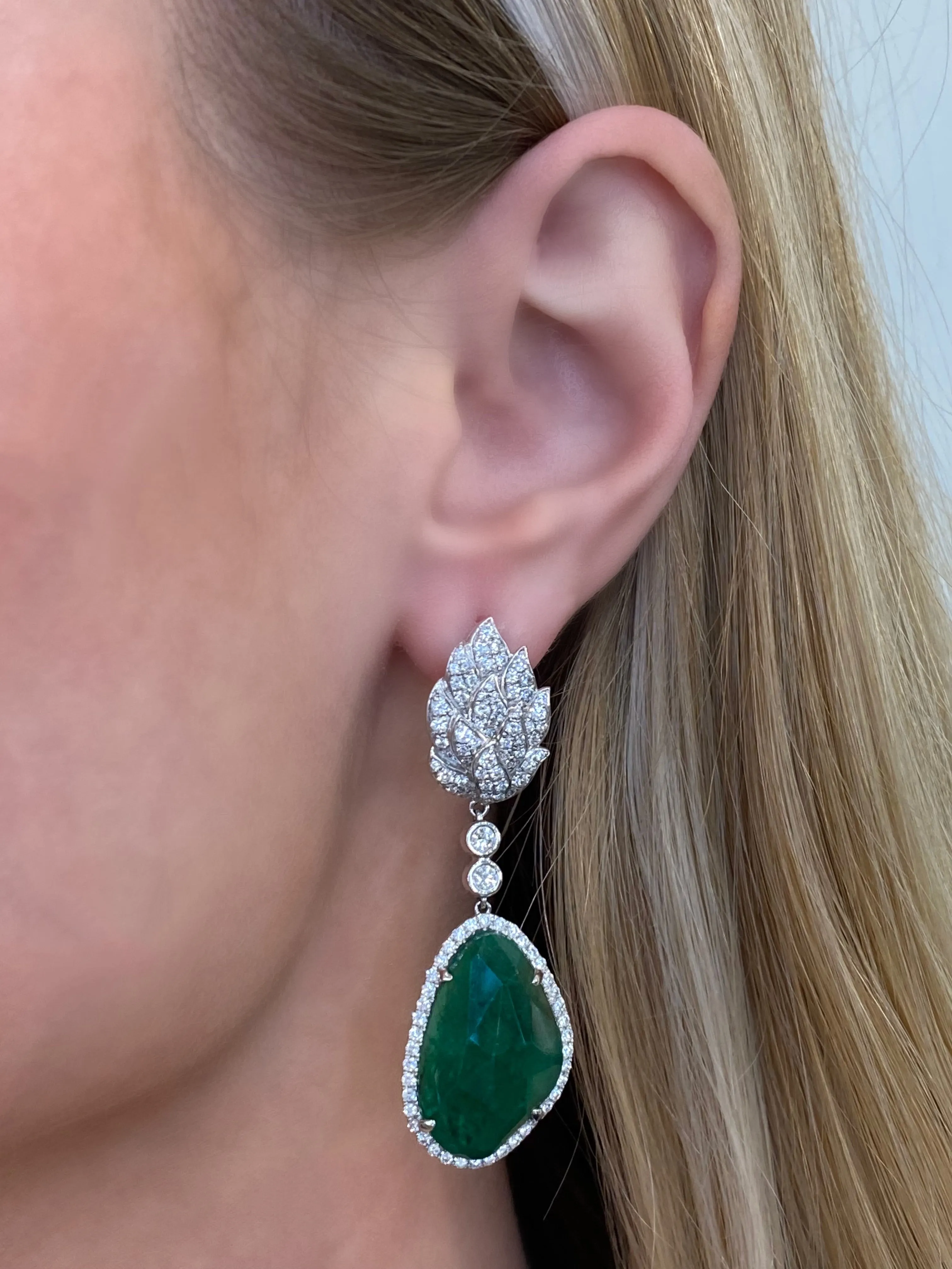 Emerald and Diamond Leaf Motif Earrings by Yael