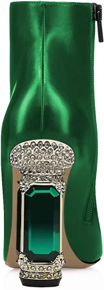 Emerald Green Crystal Block Heel Stone Embellished Ankle Boots