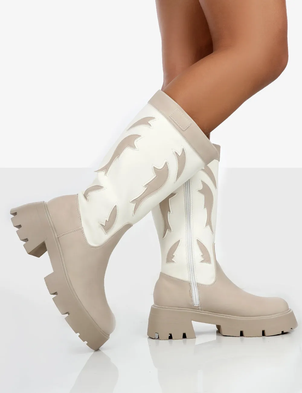 Fly Away Ecru Pu Round Toe Western Cowboy Knee High Boots