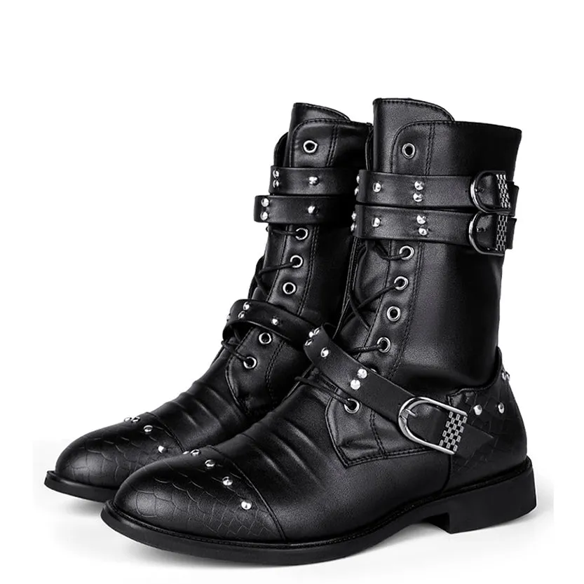 Funki Buys | Boots | Men's Leather Lace Up Buckle Strap Boots