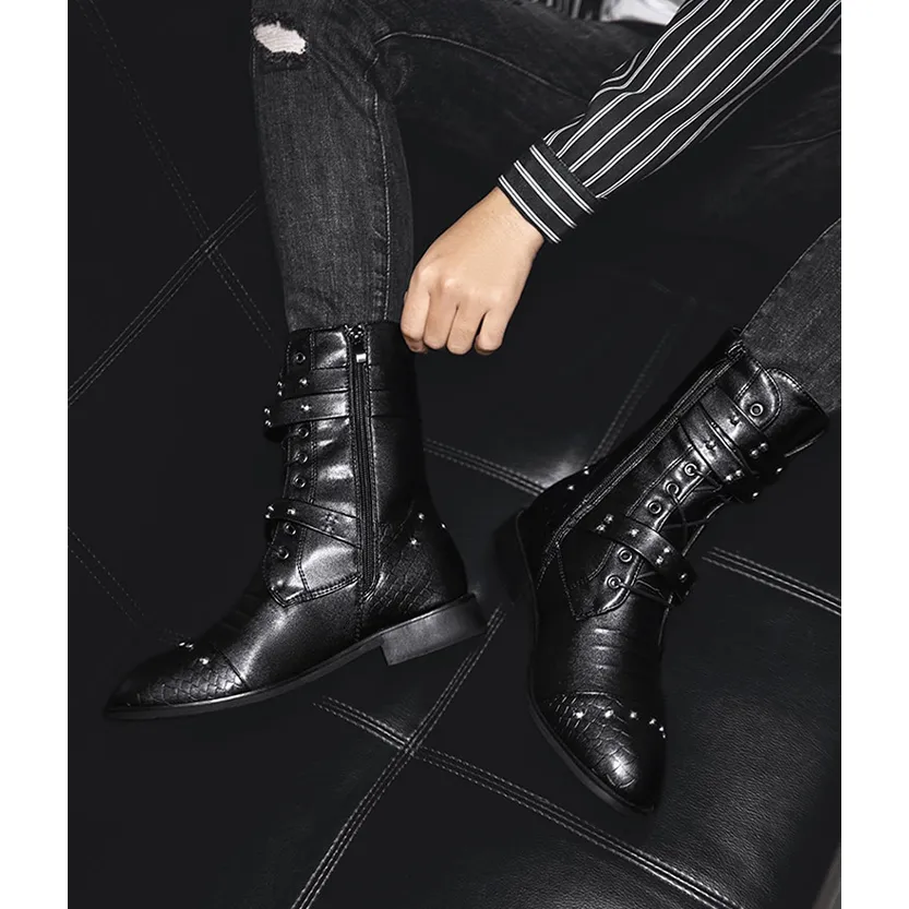 Funki Buys | Boots | Men's Leather Lace Up Buckle Strap Boots