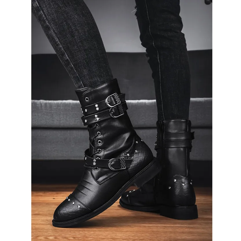 Funki Buys | Boots | Men's Leather Lace Up Buckle Strap Boots