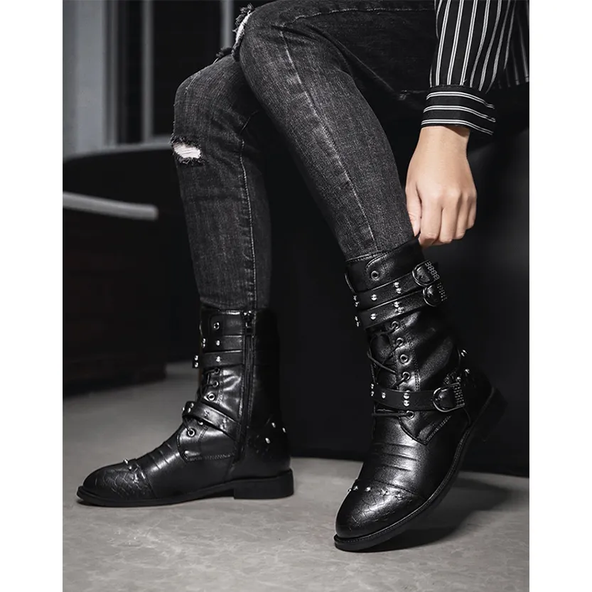 Funki Buys | Boots | Men's Leather Lace Up Buckle Strap Boots