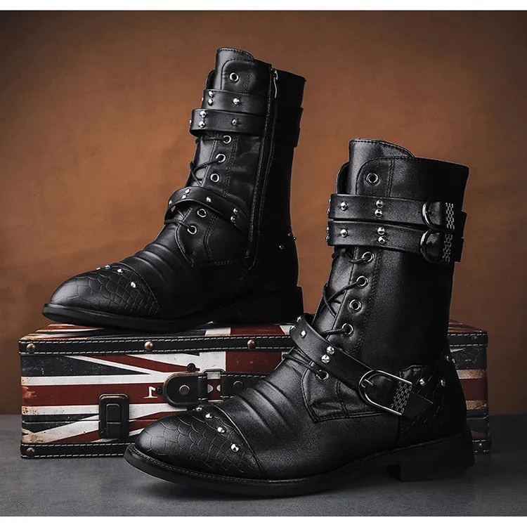 Funki Buys | Boots | Men's Leather Lace Up Buckle Strap Boots