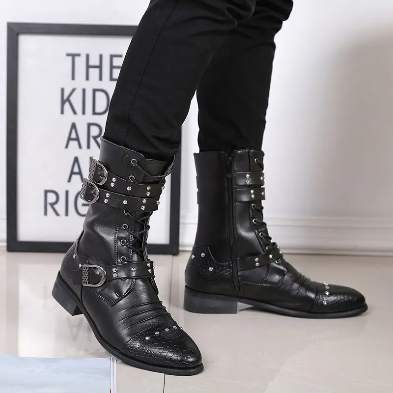 Funki Buys | Boots | Men's Leather Lace Up Buckle Strap Boots