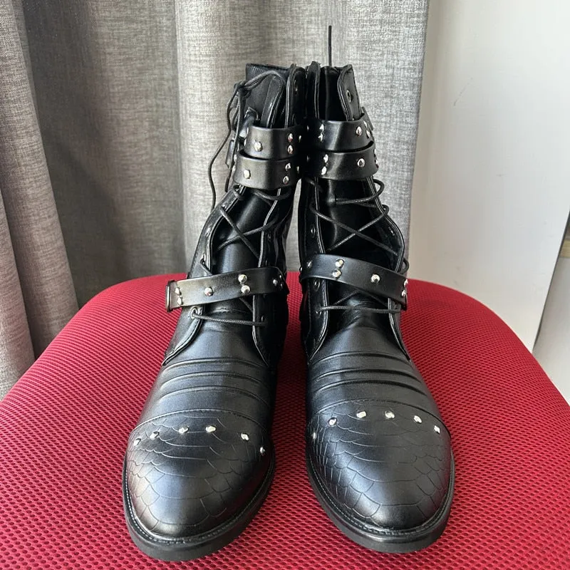 Funki Buys | Boots | Men's Leather Lace Up Buckle Strap Boots