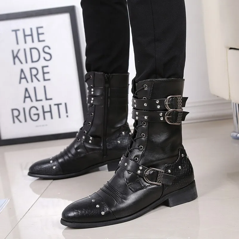 Funki Buys | Boots | Men's Leather Lace Up Buckle Strap Boots