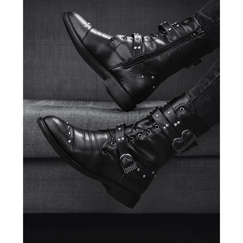 Funki Buys | Boots | Men's Leather Lace Up Buckle Strap Boots