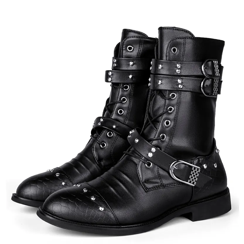 Funki Buys | Boots | Men's Leather Lace Up Buckle Strap Boots