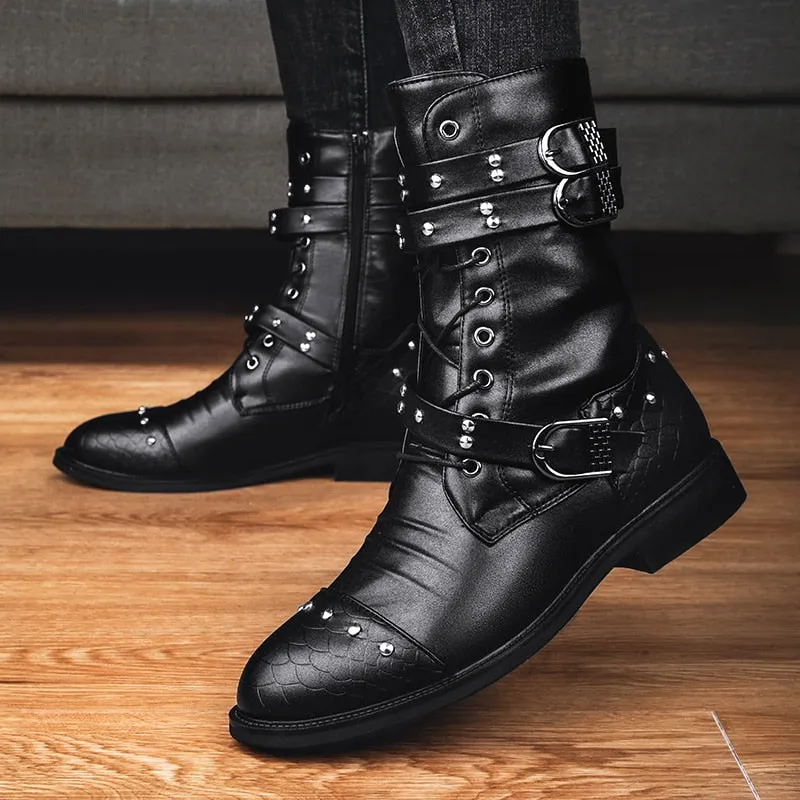Funki Buys | Boots | Men's Leather Lace Up Buckle Strap Boots