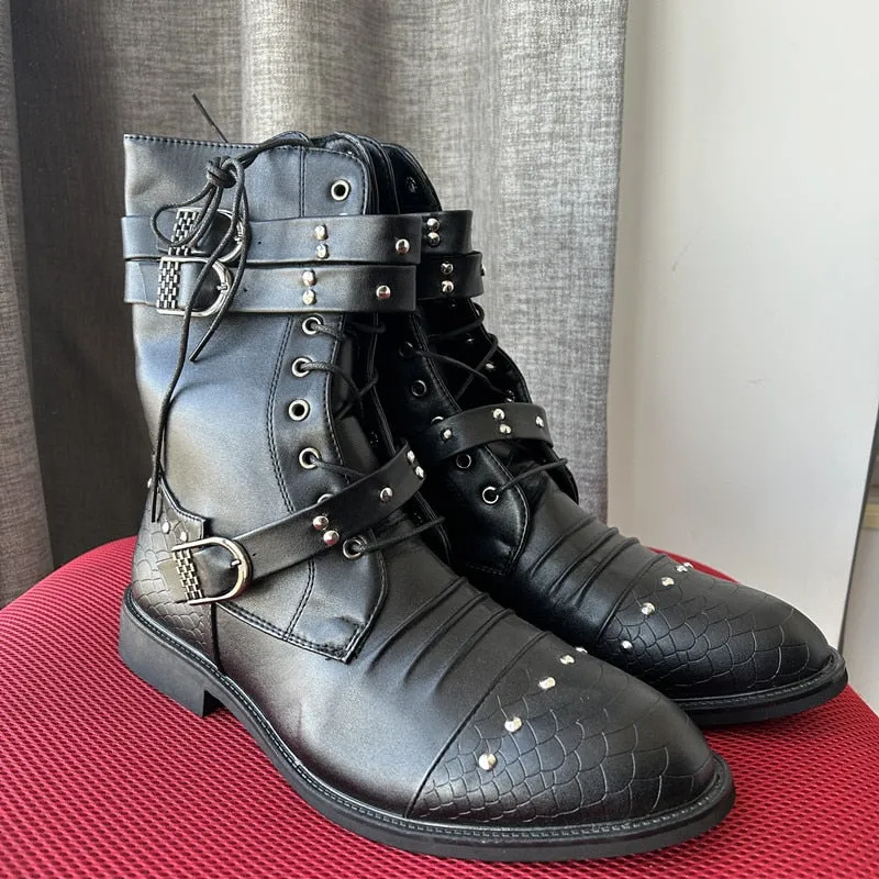 Funki Buys | Boots | Men's Leather Lace Up Buckle Strap Boots