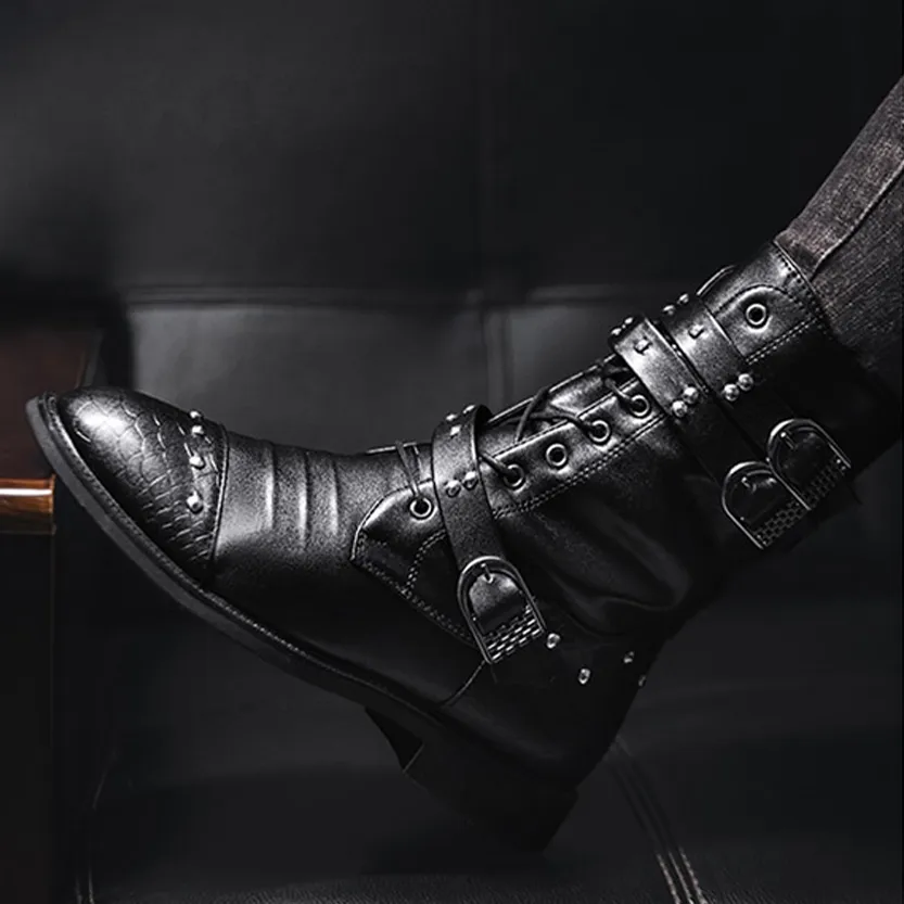 Funki Buys | Boots | Men's Leather Lace Up Buckle Strap Boots