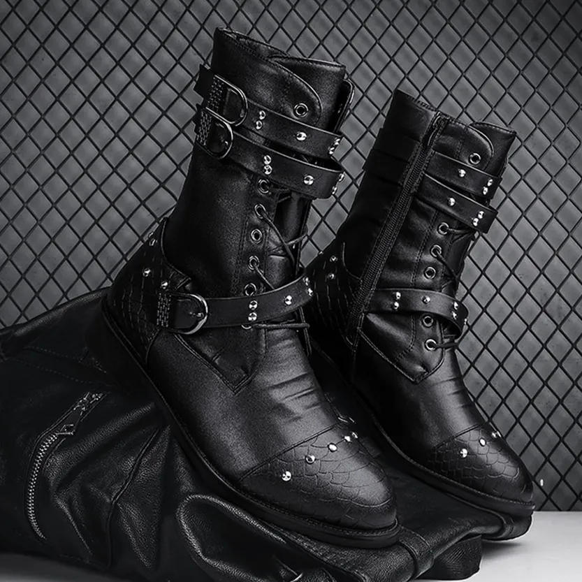 Funki Buys | Boots | Men's Leather Lace Up Buckle Strap Boots
