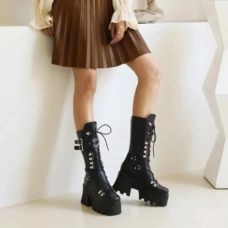 Funki Buys | Boots | Women's Mid-Calf Platform Buckle Boots