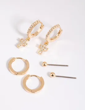 Gold Plain & Diamante Cross Earring Pack