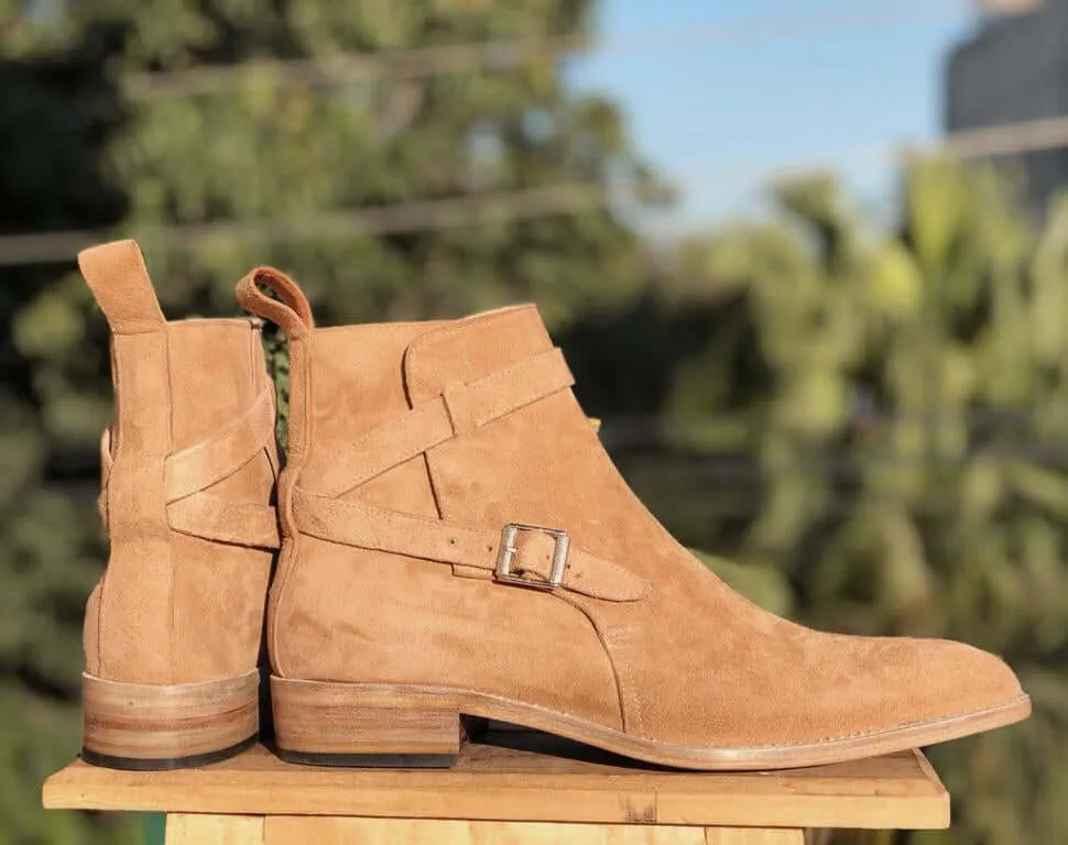 Handmade Men's Tan Jodhpur Suede Buckle Strap Boots, Men Ankle Boots, Men Designer Boots