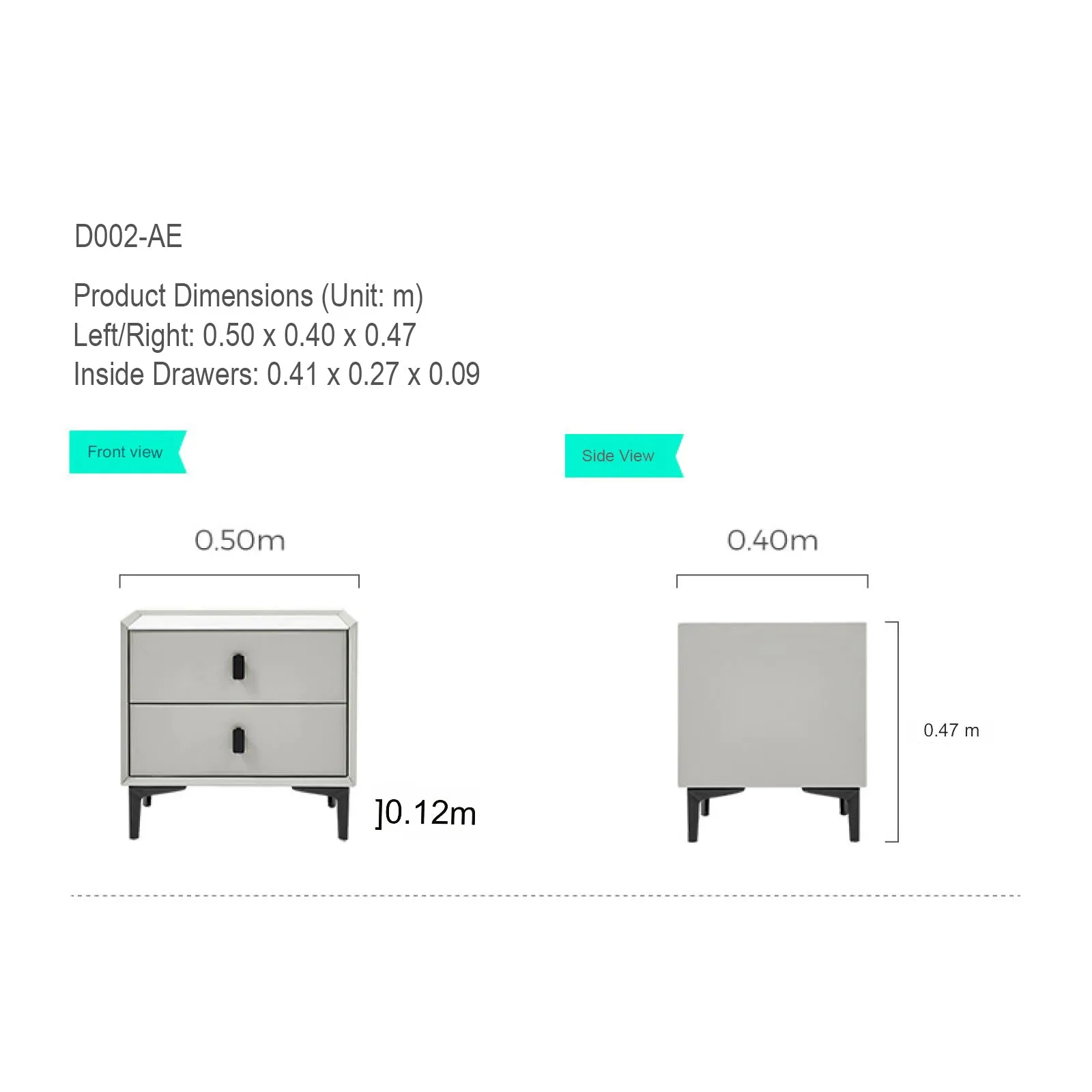LISETTE Grey Nightstand with Two Drawers