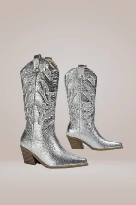 Mid Calf Metallic Silver Cowboy Boots
