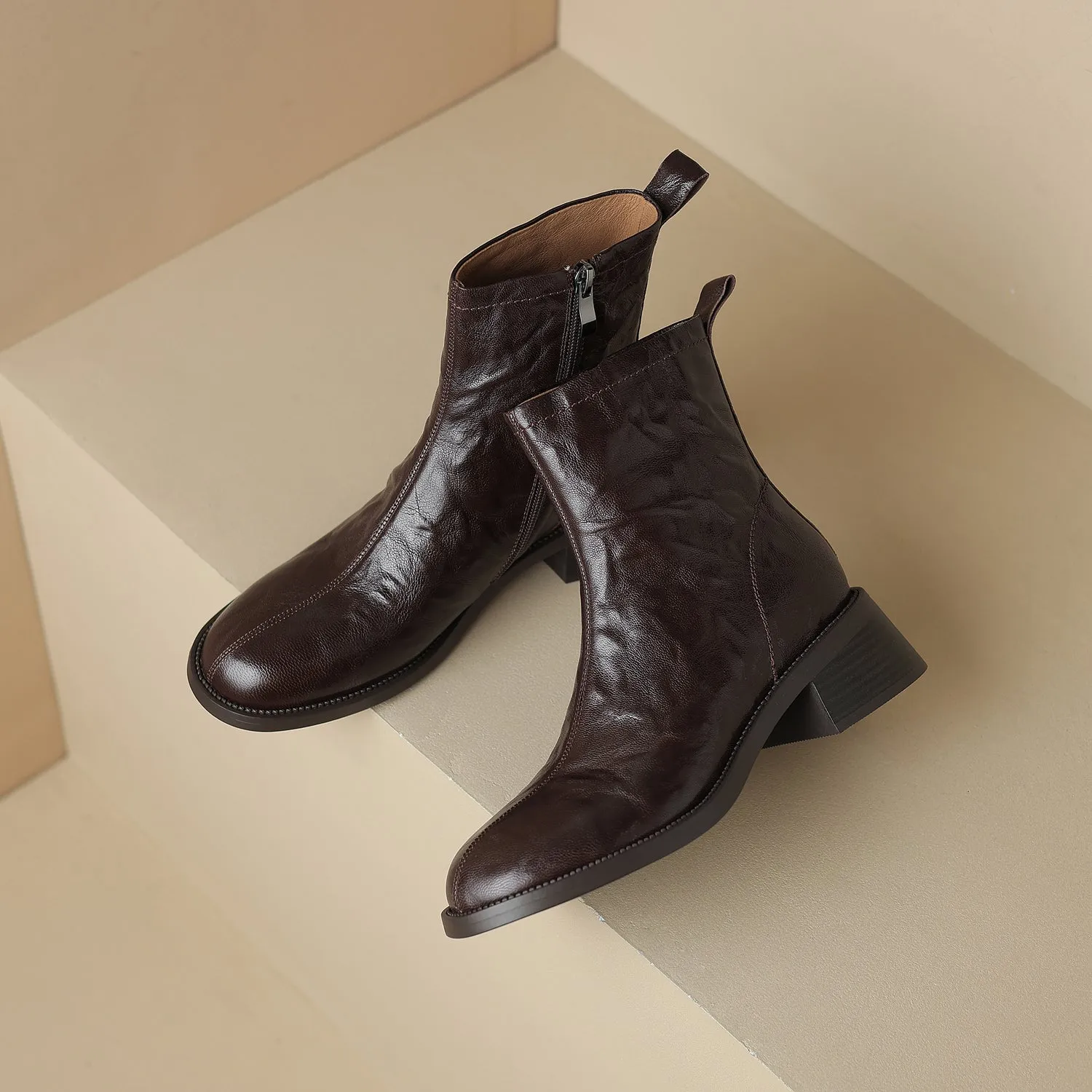 TinaCus Side Zip Up Women's Genuine Leather Block Heel Handmade Ankle Boots