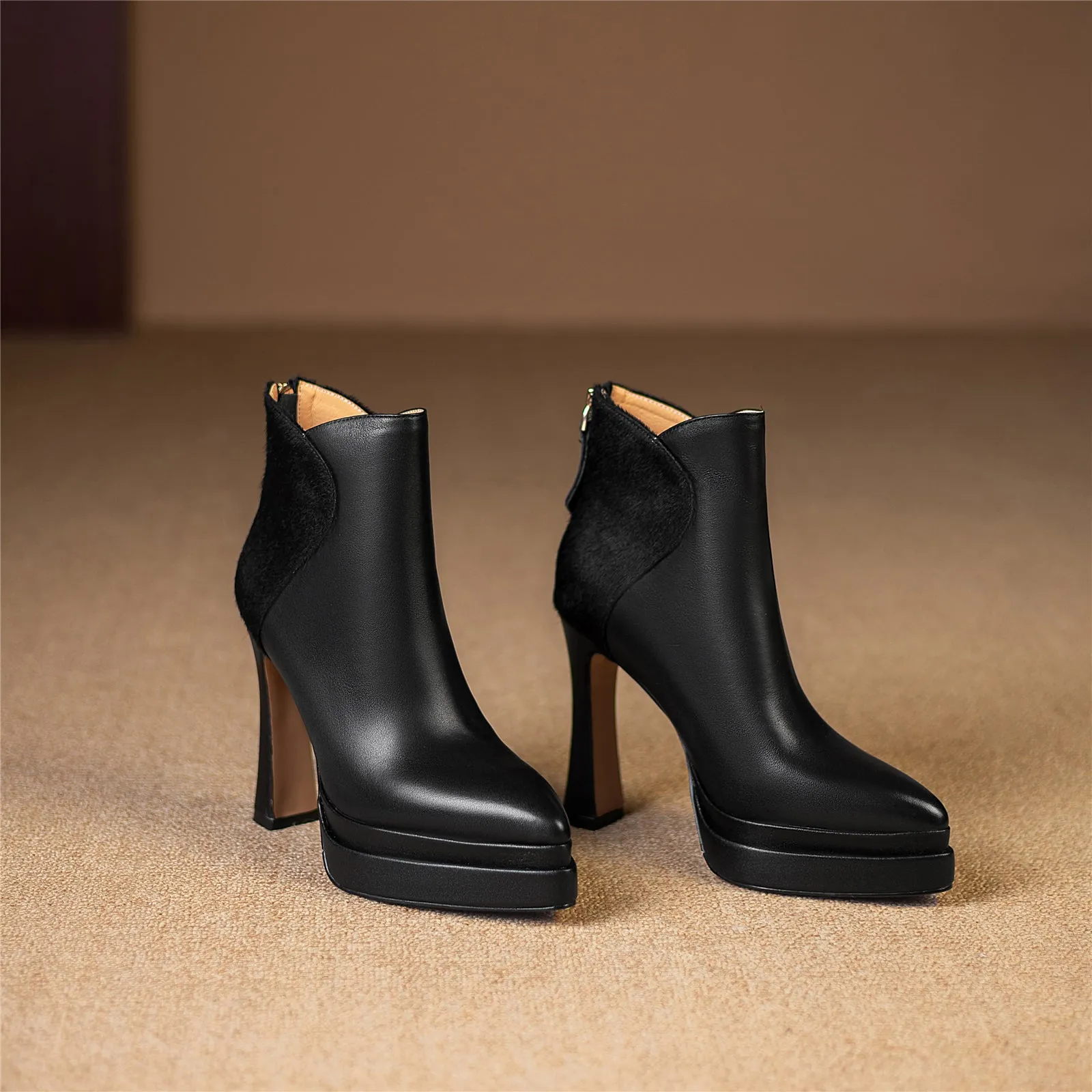 TinaCus Women's Genuine Leather Horsehair Handmade Zip Up High Heel Platform Ankle Boots