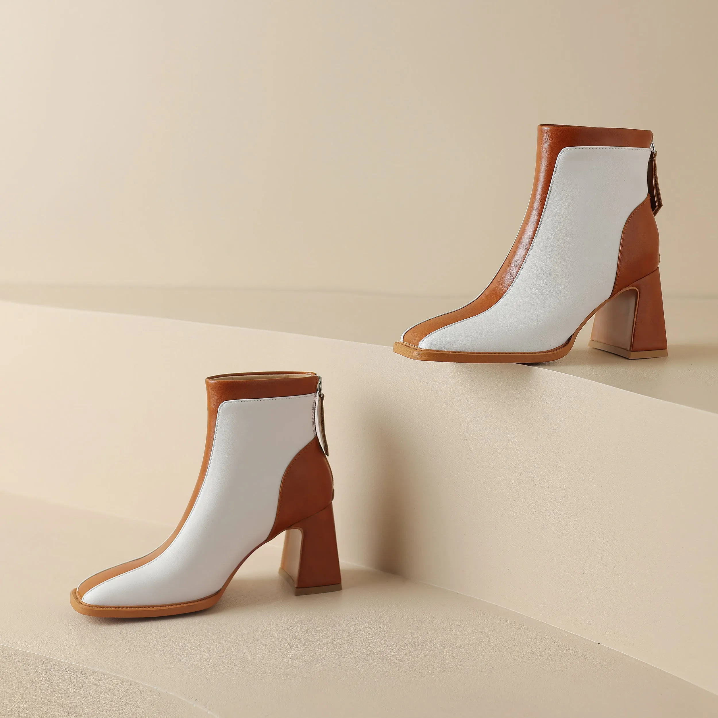 TinaCus Women's Genuine Leather Square Toe Handmade Zip Up Block Heel Mixed Colors Ankle Boots