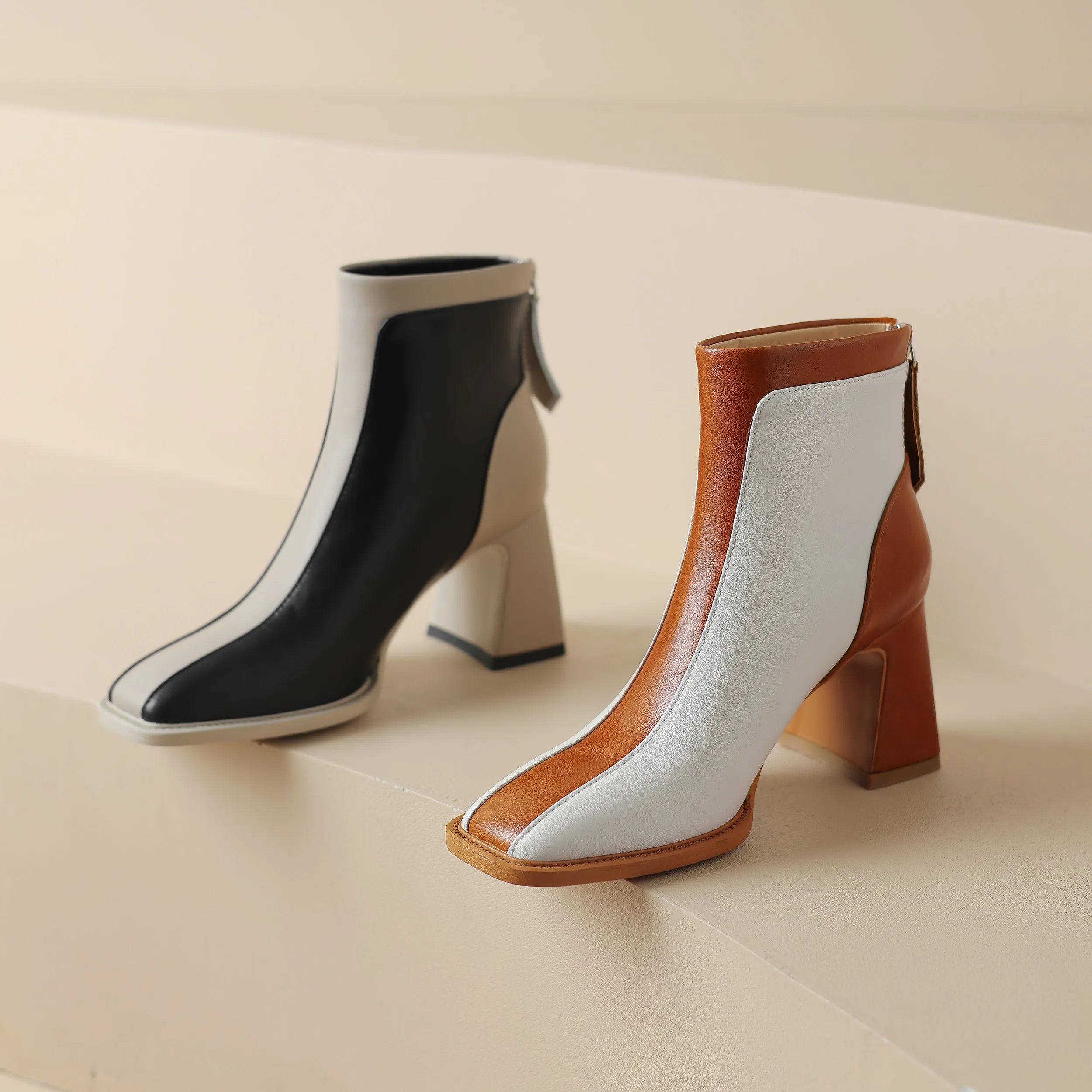 TinaCus Women's Genuine Leather Square Toe Handmade Zip Up Block Heel Mixed Colors Ankle Boots