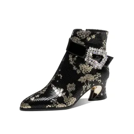 TinaCus Women's Rhinestone Buckle Pointed Toe Genuine Leather Handmade Mid Heel Side Zip Floral Ankle Boots