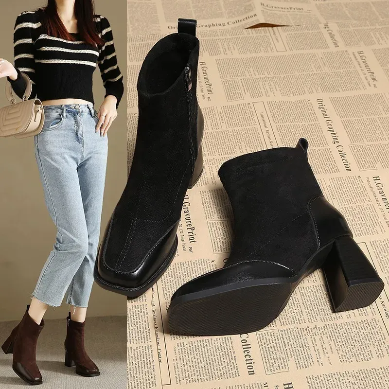 Vintage Square Chunky Heel Short Boots