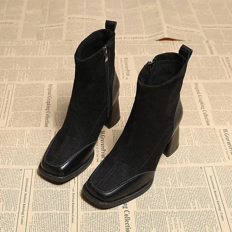 Vintage Square Chunky Heel Short Boots